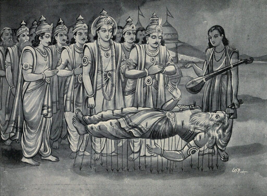 Bhishma after being defeated lying on bed of arrows